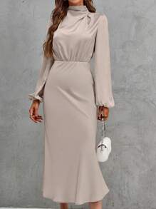 SHEIN Clasi Solid Mock Neck Lantern Sleeve Satin Dress - Pink - View 3