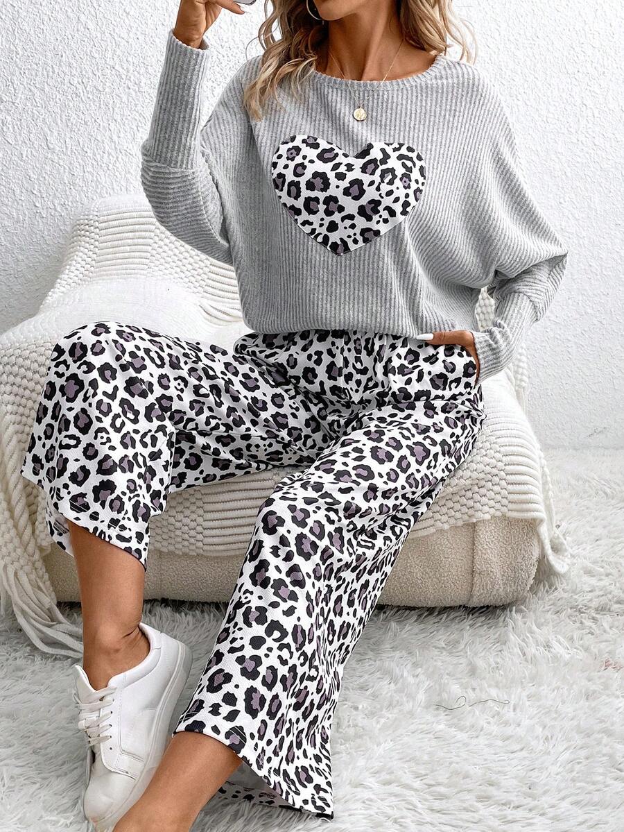 SHEIN LUNE Women's Leopard Print Top And Pants Set - Grey - View 1