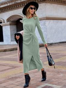 SHEIN Clasi 扭褶細節開衩下擺長袖連身裙 - 綠色 - 查看 1