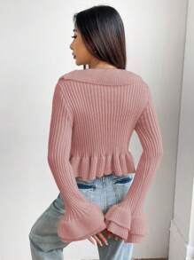 SHEIN Unity 女性純色荷葉邊喇叭袖開衫 - 藕粉色 - 查看 2