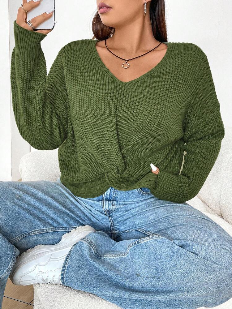 Plus Size V-Neck Long Sleeve Sweater With Twisted Hemline Knit Pullover Fall Winter