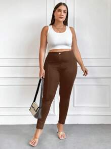 SHEIN Cottnline Women's Plus Size High Waist Solid Color Skinny Pants - Coffee Brown - View 5