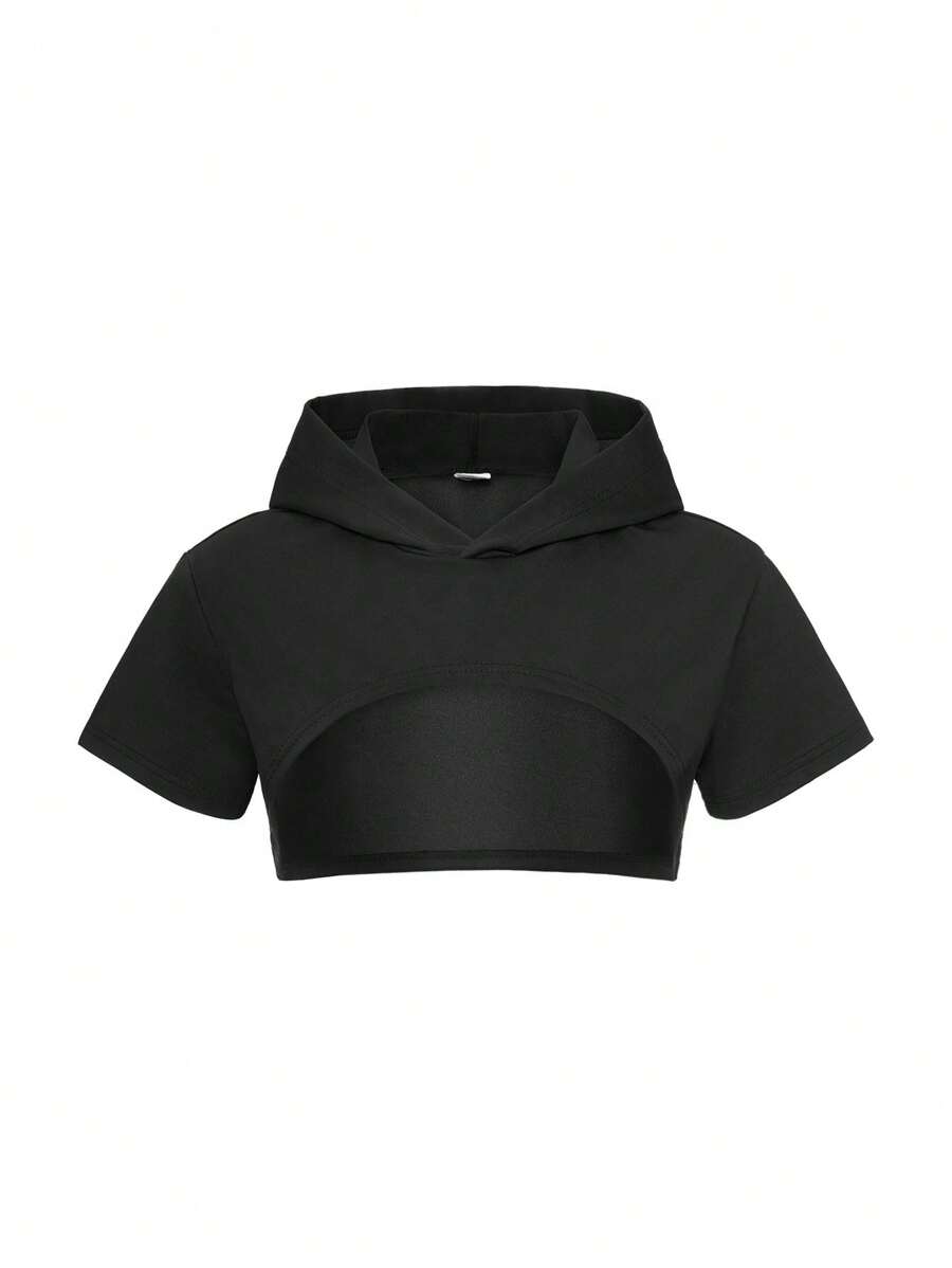 SHEIN Áo nỉ lửng cho bé gái tuổi teen - màu đen - Xem 1