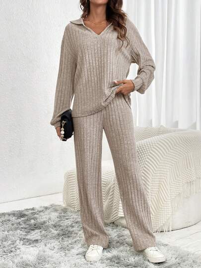 SHEIN LUNE 2pcs Women Winter New Apricot Basic Warm Homewear Set, Polo Collar Long Pants Brown Lounge Set