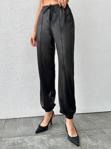 SHEIN Cottnline Women's Wide-Leg Pleated Casual Pants With Double Pockets - Black - View 3