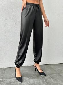 SHEIN Cottnline Women's Wide-Leg Pleated Casual Pants With Double Pockets - Black - View 4