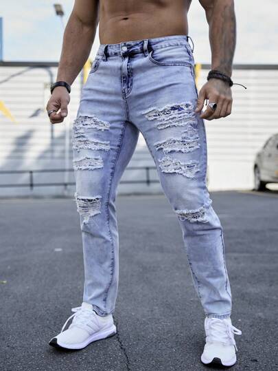 Manfinity Roughcore Men's Ripped Jeans, Plain Slim Fit Long Light Blue Frayed Jeans, For Husband, Boyfriend Gifts