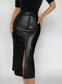 BizChic Women's Pu Leather Split Hem Skirt
