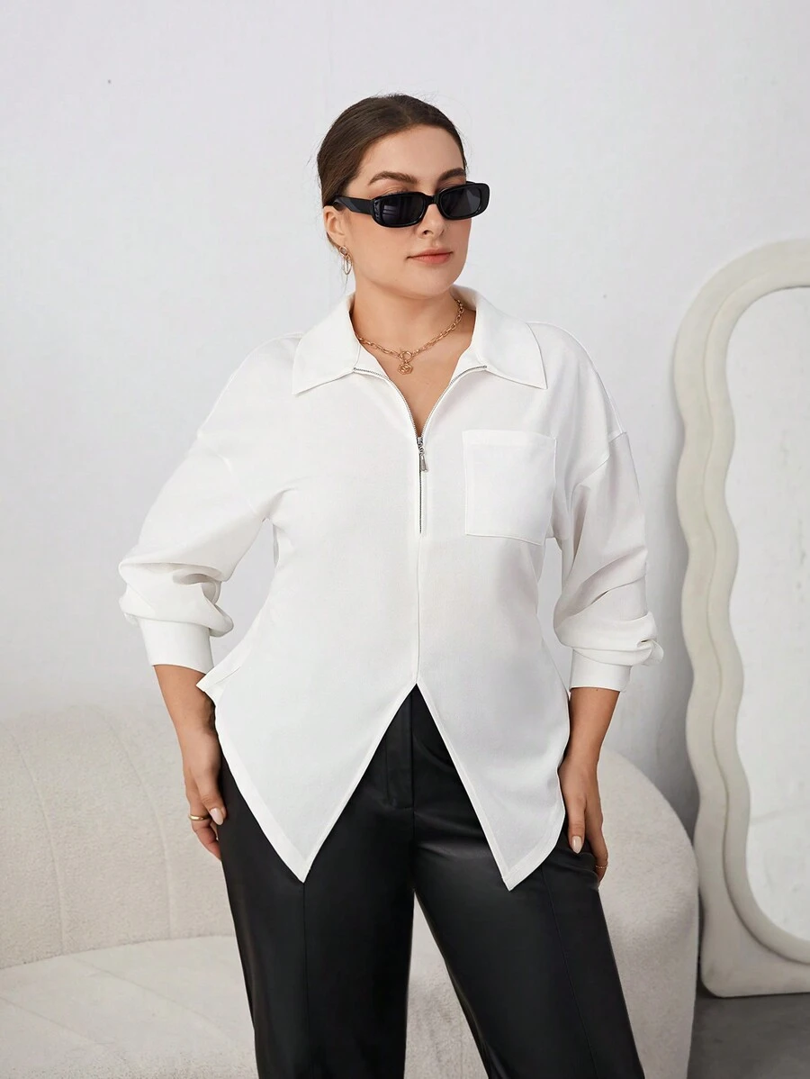 SHEIN Essnce Plus Size Women'S Long Sleeve T Shirt With Zipper Front - White - View 1