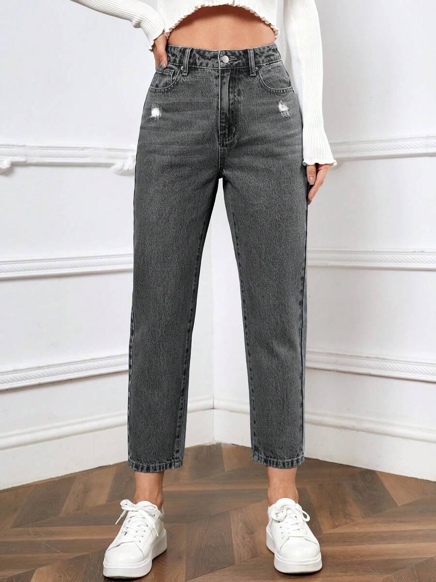 SHEIN EZwear 高腰水洗牛仔褲 - 灰色 - 查看 1