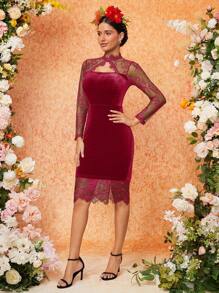 SHEIN Clasi 女用蕾絲拼接鏤空連身裙 - 紅色 - 查看 4