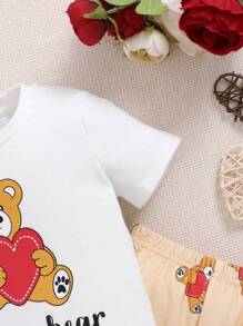 SHEIN Conjunto De Sudadera Con Pantalones De Jogging Para Bebé Niño O Niña Con Patrón De Osito De Dibujos Animados Para El Día De San Valentín - Marrón - Ver 6