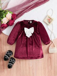 秋冬復古天鵝絨 A 字嬰兒連身裙,華麗蝴蝶結細節 - 酒紅色 - 查看 1