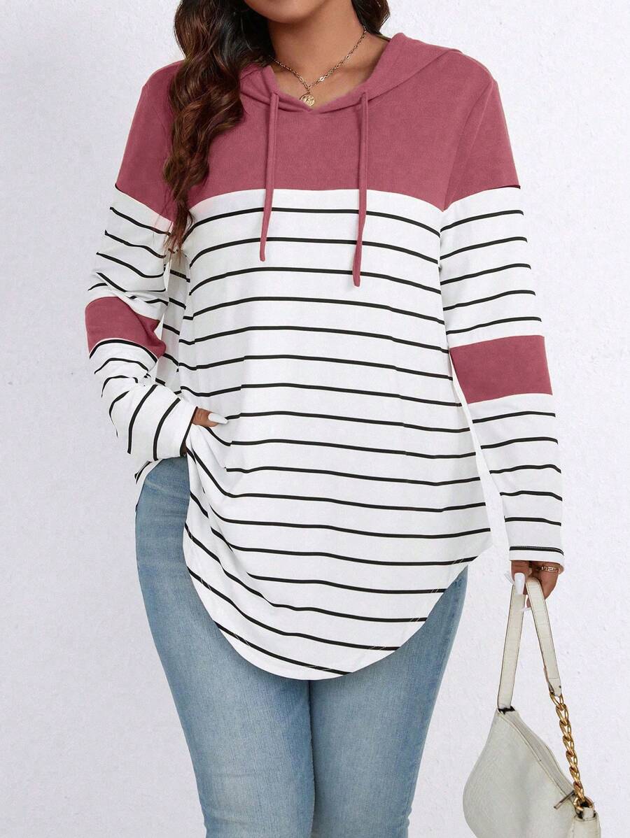 EMERY ROSE 加大码条纹撞色连帽长袖T恤，带抽绳，印花图案，女士上衣，适合春秋季穿着。 - 彩色 - 查看 1