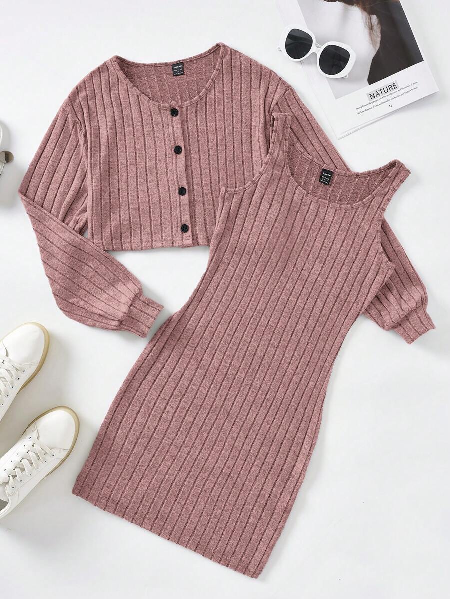 SHEIN EZwear Women's Ribbed Tank Dress And Knit Jacket 2pcs Set - Dusty Pink - View 1