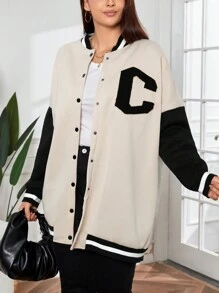 SHEIN EZwear 女士大尺碼字母拼接棒球外套 - 卡其色 - 查看 5