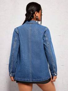 SHEIN ICON Ladies' Retro Lapel Denim Blazer Jacket - Medium Wash - View 3