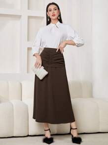 Modelyn Pleated Umbrella Skirt With High Waist Design - Brown - View 6