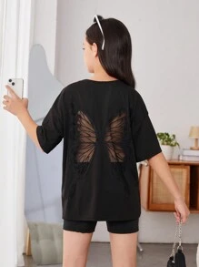 Cô gái Quá lớn Ngắn tay Vòng cổ Áo thun Với Loại bướm Cắt ra - màu đen - Xem 1