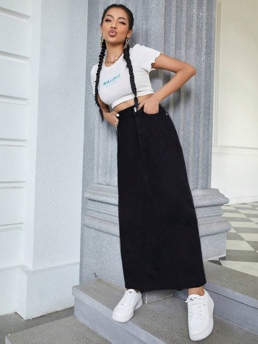 SHEIN ICON Women's Straight Denim Skirt - Black - View 1