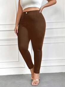 SHEIN Cottnline Women's Plus Size High Waist Solid Color Skinny Pants - Coffee Brown - View 3