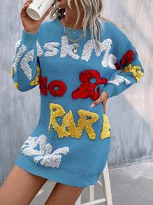 SHEIN LUNE 女式短款針織連衣裙,刺繡字母和毛巾圖案 - 淺藍色 - 查看 3