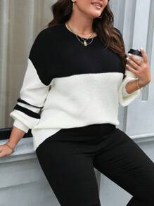 Calvaya Women'S Plus Size Color Block Sweater - Black and White - View 4
