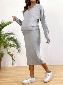 SHEIN Set Premaman In Due Pezzi Lavorati A Coste In Tinta Unita - Grigio - Visualizzare 6
