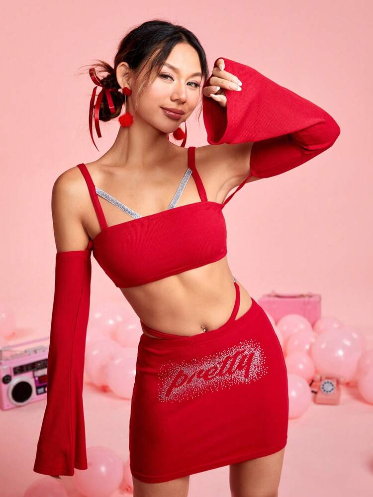Color Contrasting Glitter Straps & Hollow Shoulder Design Cropped Top And Skirt Matching Set