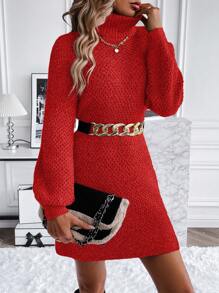 SHEIN Essnce 短領提花蓋肩休閒毛衣裙 - 紅色 - 查看 3