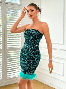 Patchwork & Sequin Decor Women's Evening Party Dress With Spaghetti Straps - Blue - View 4