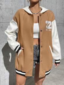 Flirla Women's Hooded Woolen Jacket With Letter Print