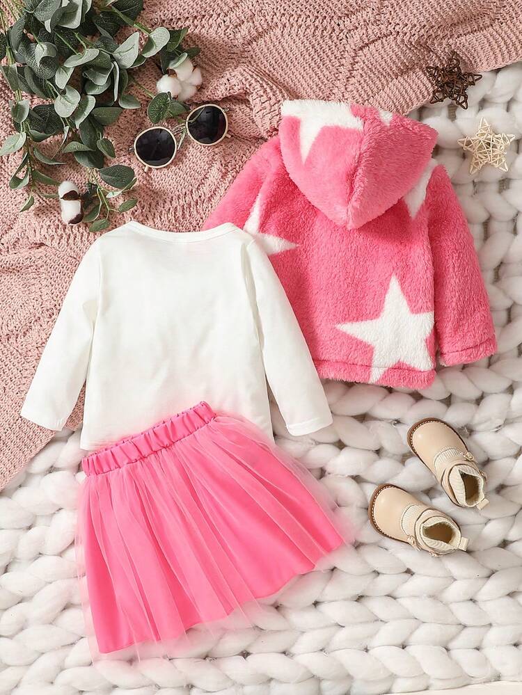 3pcs/Set Baby Girls' Street Style Star Print T-Shirt, Thermal Lined Hooded Coat & Mesh Skirt, Cute & Fashionable Outfit For Autumn And Winter