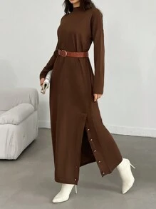 EURMUSE 女士純色立領鈕扣細節裙 - 棕色 - 查看 3
