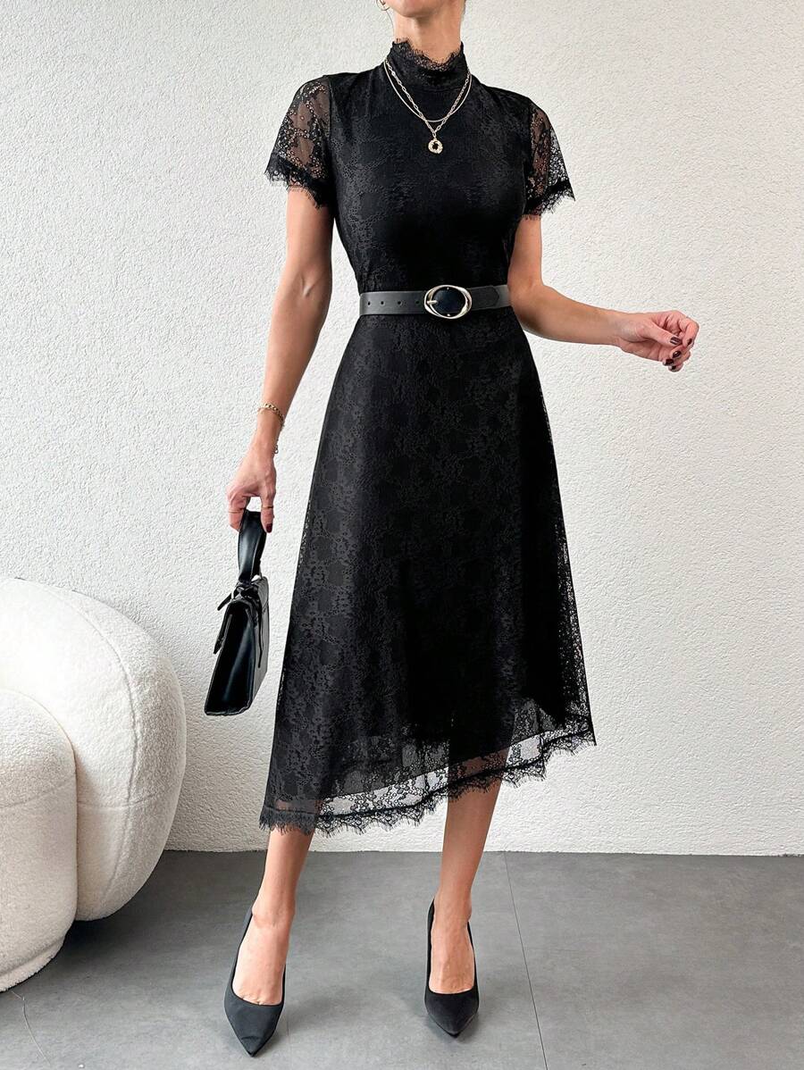 RueChic Abito Da Donna Con Collo A Camicia In Pizzo E Orlo Asimmetrico