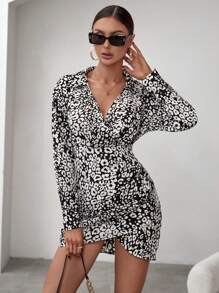 BizChic 女士豹紋下襬連衣裙,貼領設計 - 黑與白 - 查看 1