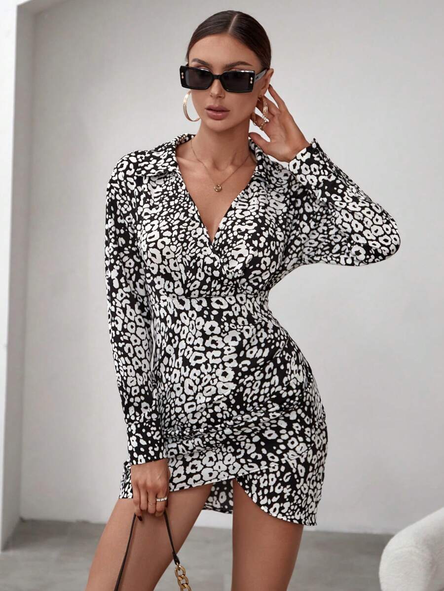 BizChic 女士豹紋下襬連衣裙,貼領設計 - 黑與白 - 查看 1