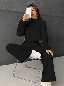 SHEIN EZwear Của phụ nữ Màu thuần Đứng cổ áo Teddy Lông cừu Hai chiếc Bộ - màu đen - Xem 4