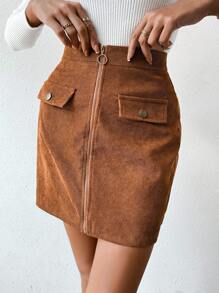 SHEIN Frenchy Ladies' Zipper Front Mini Skirt - Brown - View 4