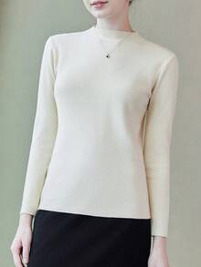 女士實色立領毛衣 - 杏色 - 查看 4