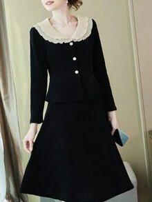 蕾絲領長袖上衣+裙子 - 彩色 - 查看 3