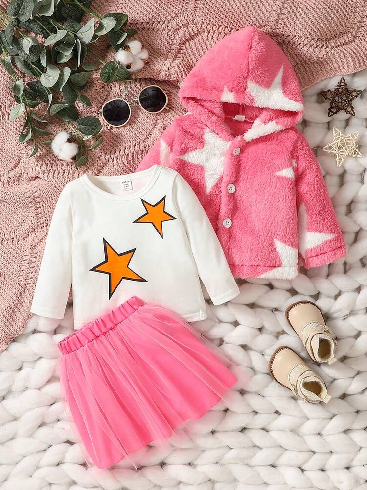 3pcs/Set Baby Girls' Street Style Star Print T-Shirt, Thermal Lined Hooded Coat & Mesh Skirt, Cute & Fashionable Outfit For Autumn And Winter