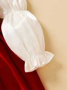 女嬰雙色前蝴蝶結彼得潘領荷葉袖前蝴蝶結洋裝 - 紅色 - 查看 3