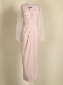 女士 V 领长袖收腰网眼灯笼袖连衣裙 - 粉色 - 查看 5