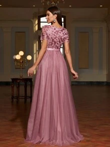 Faeriesty Sequin Contrast Mesh Floor-Length Formal Gown - Dusty Pink - View 2