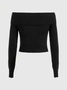 ROMWE Goth Women'S Off Shoulder Split Hem Sweater - Black - View 2