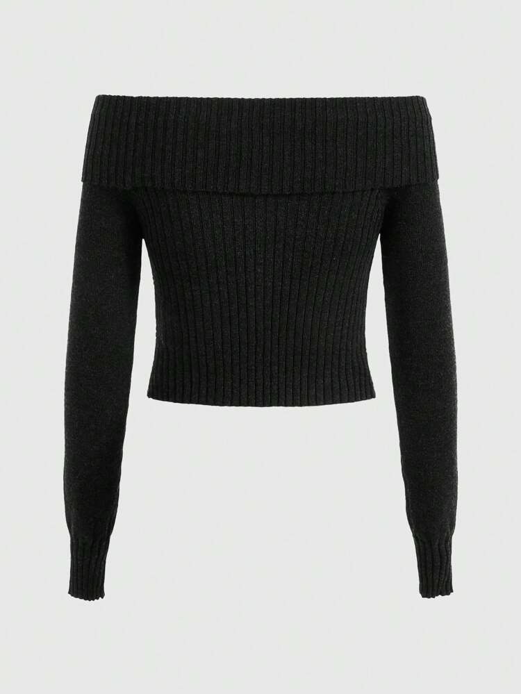 Women'S Off Shoulder Split Hem Sweater