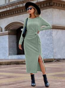 SHEIN Clasi 扭褶細節開衩下擺長袖連身裙 - 綠色 - 查看 3