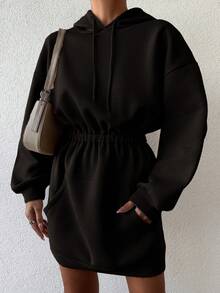 RueChic Women's Drawstring Hooded Fleece Sweatshirt Dress - Brown - View 4