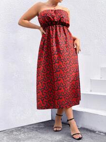SHEIN Clasi Plus Size Printed Strapless Dress - Red - View 6